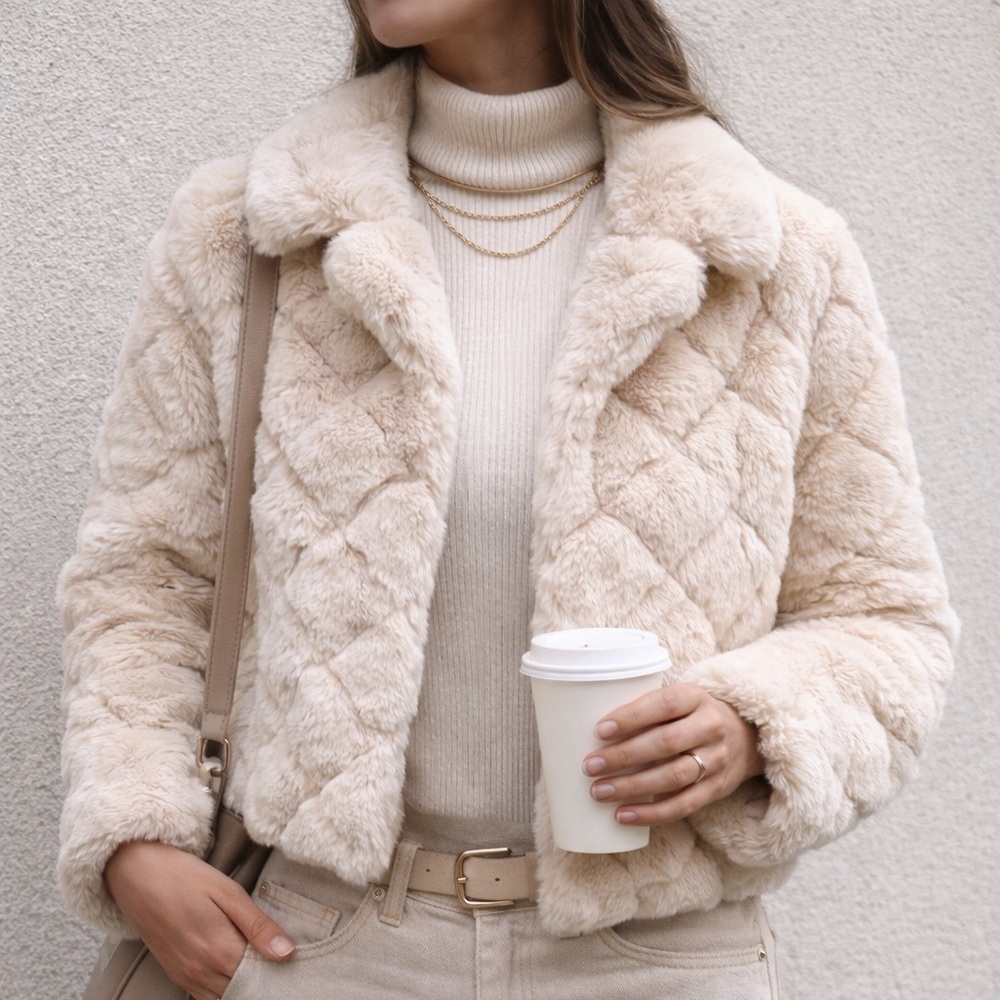 T Tahari Cream Faux Fur Quilted Jacket